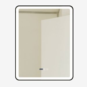 Oglindă Baie LED și Dezaburire Elit's Premium cu Senzor Touch, Lumina Rece, Caldă și Neutră, 70x90cm, cu rama Negru Antichizat, Ceas