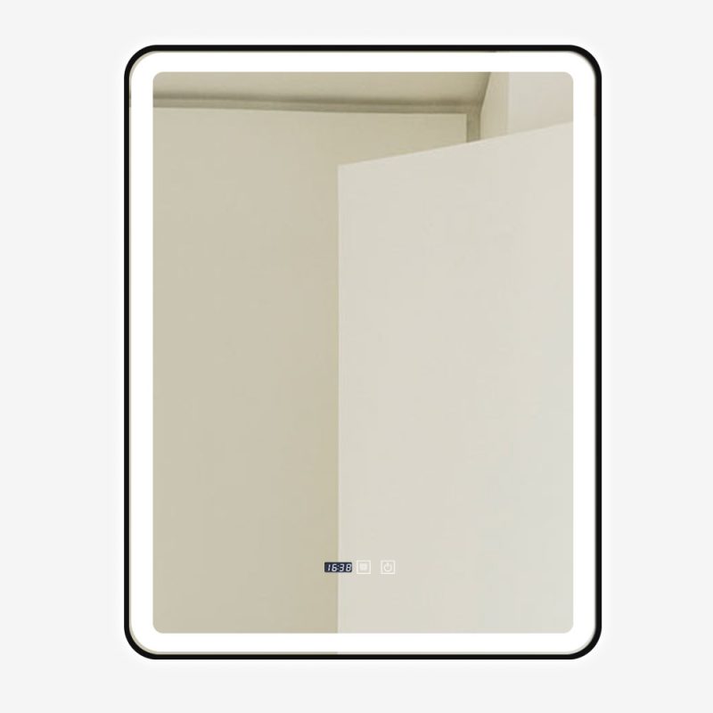 Oglindă Baie LED și Dezaburire Elit's Premium cu Senzor Touch, Lumina Rece, Caldă și Neutră, 70x90cm, cu rama Negru Antichizat, Ceas