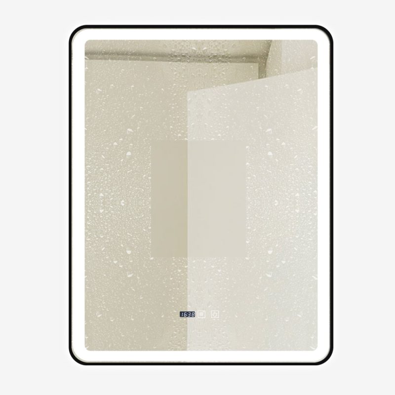 Oglindă Baie LED și Dezaburire Elit's Premium cu Senzor Touch, Lumina Rece, Caldă și Neutră, 70x90cm, cu rama Negru Antichizat, Ceas