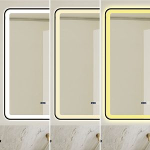 Oglindă Baie LED și Dezaburire Elit's Premium cu Senzor Touch, Lumina Rece, Caldă și Neutră, 70x90cm, cu rama Negru Antichizat, Ceas