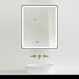 Oglindă Baie LED și Dezaburire Elit's Premium cu Senzor Touch, Lumina Rece, Caldă și Neutră, 75x90cm, cu rama Negru Antichizat, Ceas