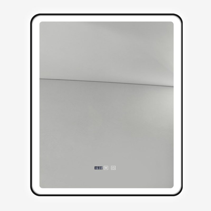 Oglindă Baie LED și Dezaburire Elit's Premium cu Senzor Touch, Lumina Rece, Caldă și Neutră, 75x90cm, cu rama Negru Antichizat, Ceas