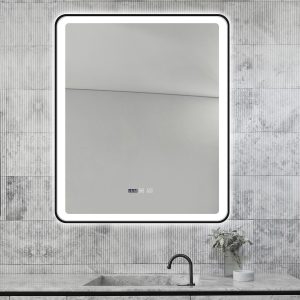 Oglindă Baie LED și Dezaburire Elit's Premium cu Senzor Touch, Lumina Rece, Caldă și Neutră, 60x100cm, cu rama Negru Antichizat, Ceas