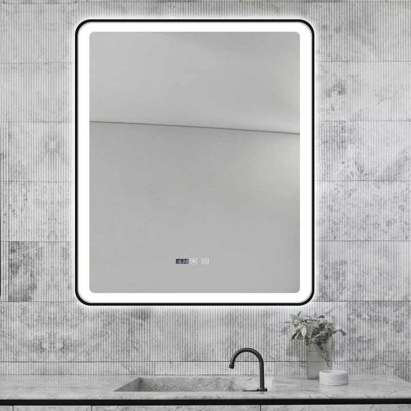 Oglindă Baie LED și Dezaburire Elit's Premium cu Senzor Touch, Lumina Rece, Caldă și Neutră, 60x100cm, cu rama Negru Antichizat, Ceas