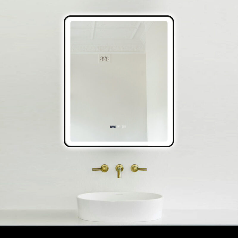 Oglindă Baie LED și Dezaburire Elit's Premium cu Senzor Touch, Lumina Rece, Caldă și Neutră, 60x100cm, cu rama Negru Antichizat, Ceas