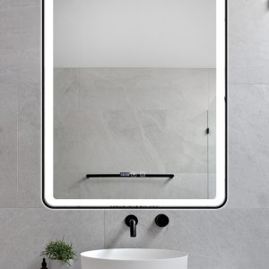 Oglindă Baie LED și Dezaburire Elit's Premium cu Senzor Touch, Lumina Rece, Caldă și Neutră, 60x100cm, cu rama Negru Antichizat, Ceas