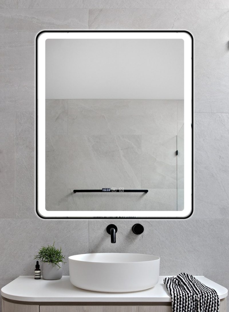 Oglindă Baie LED și Dezaburire Elit's Premium cu Senzor Touch, Lumina Rece, Caldă și Neutră, 60x100cm, cu rama Negru Antichizat, Ceas