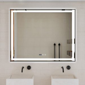 Oglindă Baie LED și Dezaburire Elit's Premium cu Senzor Touch, Lumina Rece, Caldă și Neutră, 100x80 cm, cu rama Negru Antichizat, Ceas