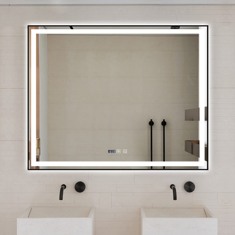 Oglindă Baie LED și Dezaburire Elit's Premium cu Senzor Touch, Lumina Rece, Caldă și Neutră, 100x80 cm, cu rama Negru Antichizat, Ceas