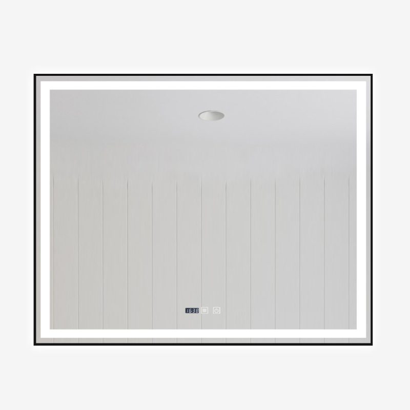 Oglindă Baie LED și Dezaburire Elit's Premium cu Senzor Touch, Lumina Rece, Caldă și Neutră, 100x80 cm, cu rama Negru Antichizat, Ceas