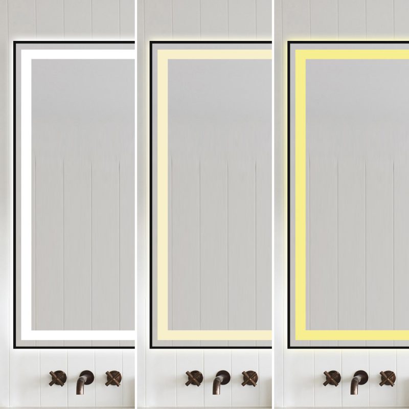 Oglindă Baie LED și Dezaburire Elit's Premium cu Senzor Touch, Lumina Rece, Caldă și Neutră, 100x80 cm, cu rama Negru Antichizat, Ceas