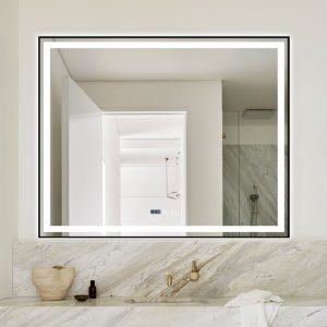 Oglindă Baie LED și Dezaburire Elit's Premium cu Senzor Touch, Lumina Rece, Caldă și Neutră, 120x80 cm, cu rama Negru Antichizat, Ceas