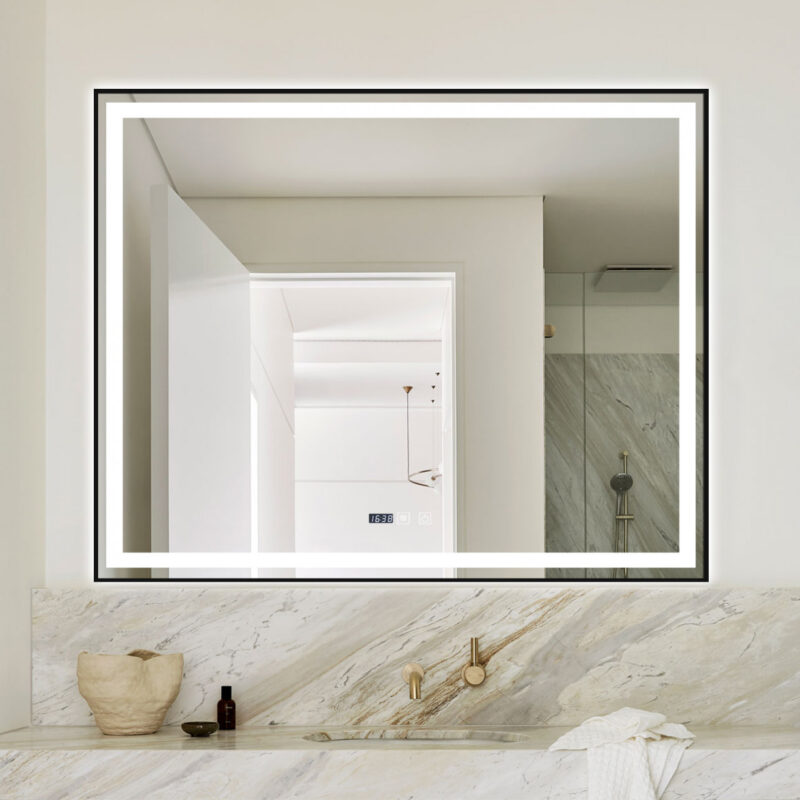 Oglindă Baie LED și Dezaburire Elit's Premium cu Senzor Touch, Lumina Rece, Caldă și Neutră, 120x80 cm, cu rama Negru Antichizat, Ceas