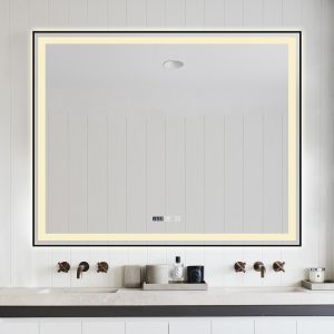 Oglindă Baie LED și Dezaburire Elit's Premium cu Senzor Touch, Lumina Rece, Caldă și Neutră, 120x80 cm, cu rama Negru Antichizat, Ceas