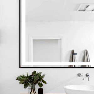 Oglindă Baie LED și Dezaburire Elit's Premium cu Senzor Touch, Lumina Rece, Caldă și Neutră, 120x80 cm, cu rama Negru Antichizat, Ceas