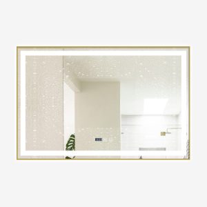 Oglindă Baie LED și Dezaburire Elit's Premium cu Senzor Touch, Lumina Rece, Caldă și Neutră, 100x80 cm, cu rama Bronz Gold Antichizat, Ceas