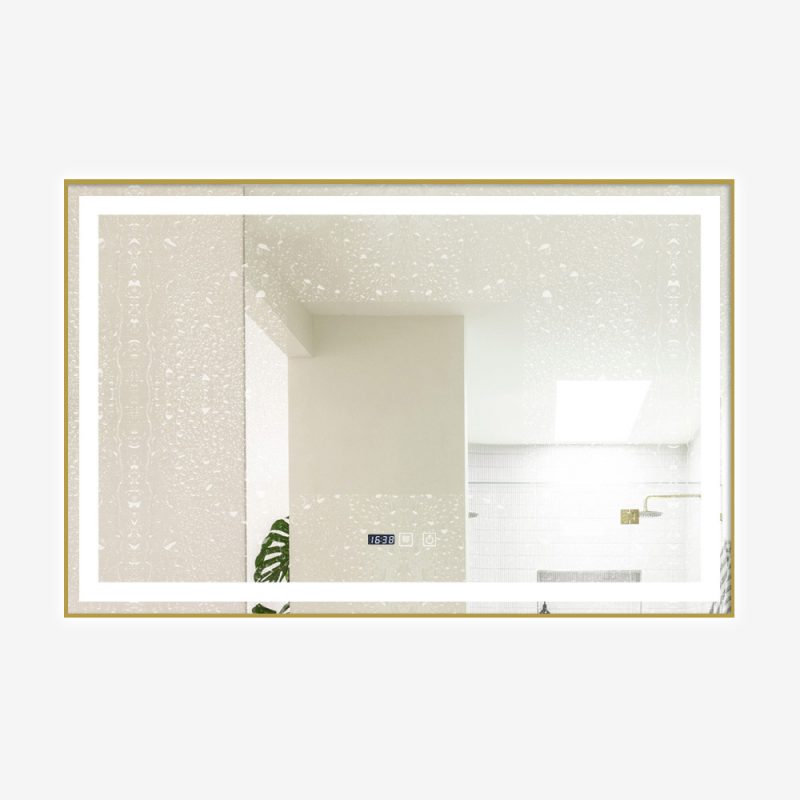 Oglindă Baie LED și Dezaburire Elit's Premium cu Senzor Touch, Lumina Rece, Caldă și Neutră, 100x80 cm, cu rama Bronz Gold Antichizat, Ceas