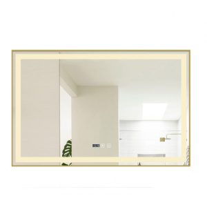 Oglindă Baie LED și Dezaburire Elit's Premium cu Senzor Touch, Lumina Rece, Caldă și Neutră, 100x80 cm, cu rama Bronz Gold Antichizat, Ceas