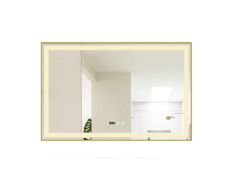Oglindă Baie LED și Dezaburire Elit's Premium cu Senzor Touch, Lumina Rece, Caldă și Neutră, 100x80 cm, cu rama Bronz Gold Antichizat, Ceas