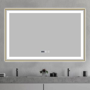 Oglindă Baie LED și Dezaburire Elit's Premium cu Senzor Touch, Lumina Rece, Caldă și Neutră, 100x80 cm, cu rama Bronz Gold Antichizat, Ceas