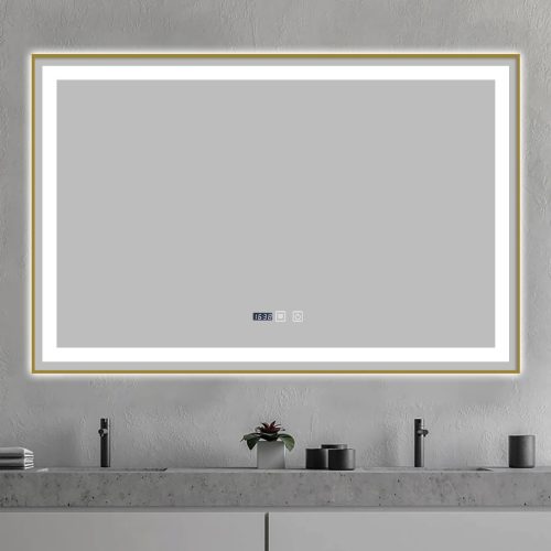 Oglindă Baie LED și Dezaburire Elit's Premium cu Senzor Touch, Lumina Rece, Caldă și Neutră, 100x80 cm, cu rama Bronz Gold Antichizat, Ceas