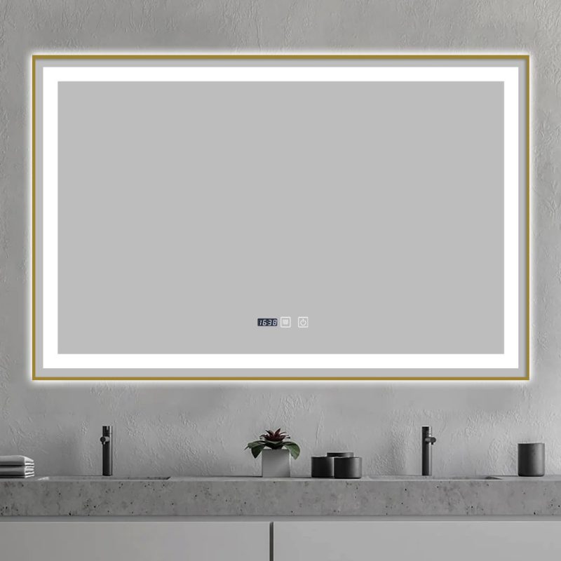 Oglindă Baie LED și Dezaburire Elit's Premium cu Senzor Touch, Lumina Rece, Caldă și Neutră, 100x80 cm, cu rama Bronz Gold Antichizat, Ceas
