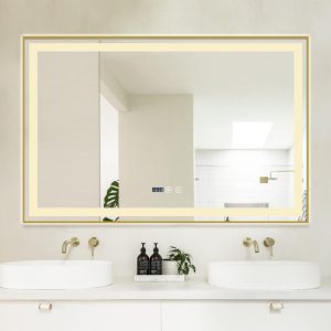 Oglindă Baie LED și Dezaburire Elit's Premium cu Senzor Touch, Lumina Rece, Caldă și Neutră, 120x80 cm, cu rama Bronz Gold Antichizat, Ceas