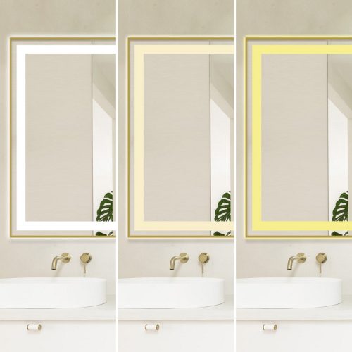Oglindă Baie LED și Dezaburire Elit's Premium cu Senzor Touch, Lumina Rece, Caldă și Neutră, 120x80 cm, cu rama Bronz Gold Antichizat, Ceas