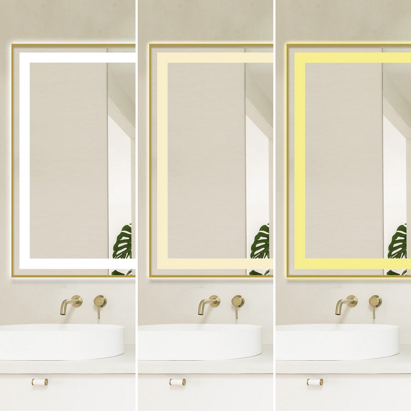 Oglindă Baie LED și Dezaburire Elit's Premium cu Senzor Touch, Lumina Rece, Caldă și Neutră, 120x80 cm, cu rama Bronz Gold Antichizat, Ceas