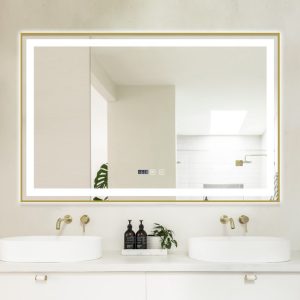Oglindă Baie LED și Dezaburire Elit's Premium cu Senzor Touch, Lumina Rece, Caldă și Neutră, 120x80 cm, cu rama Bronz Gold Antichizat, Ceas