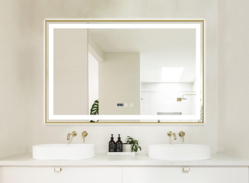 Oglindă Baie LED și Dezaburire Elit's Premium cu Senzor Touch, Lumina Rece, Caldă și Neutră, 120x80 cm, cu rama Bronz Gold Antichizat, Ceas