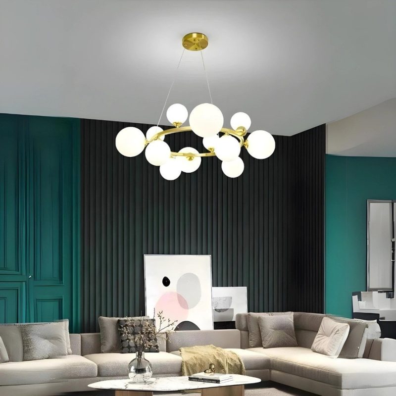 Lustra Isaura Gold,12 Abajururi, Inaltime Reglabila, Gold/Alb, 80cm