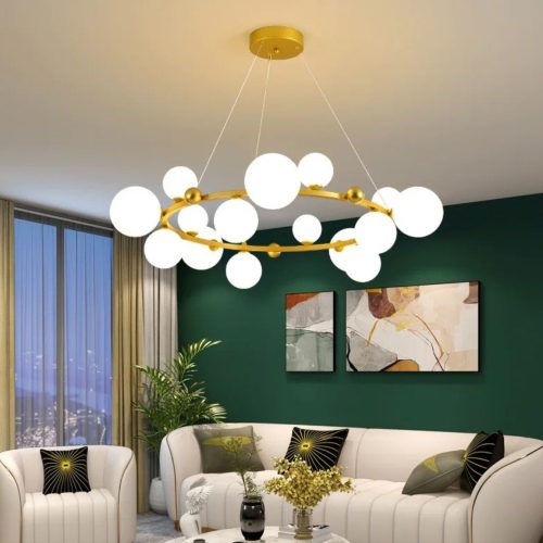 Lustra Isaura Gold,12 Abajururi, Inaltime Reglabila, Gold/Alb, 80cm
