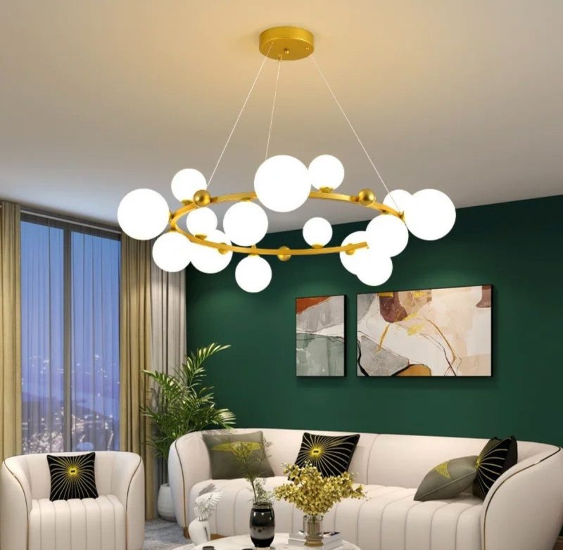 Lustra Isaura Gold,12 Abajururi, Inaltime Reglabila, Gold/Alb, 80cm