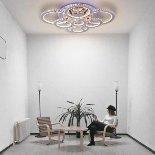 Lustra LED cu telecomanda,Elit's cristal, 8 cercuri, cromat, 180W, RGB