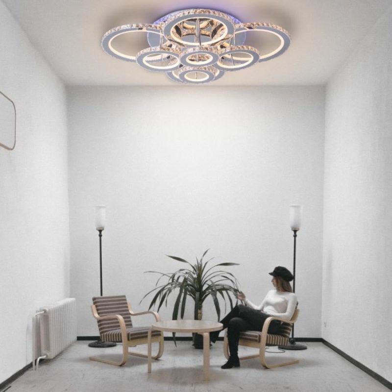 Lustra LED cu telecomanda,Elit's cristal, 8 cercuri, cromat, 180W, RGB