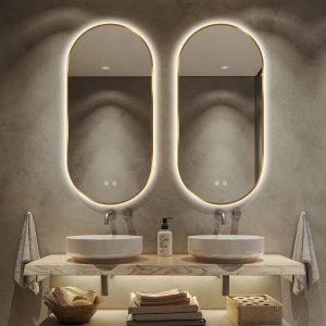 oglinda-led-touch-premium-dezabu (1) Oglindă Baie LED și Dezaburire Premium cu Senzor Touch, Lumina Rece, Caldă și Neutră,Elit's 50x80cm, cu rama Gold