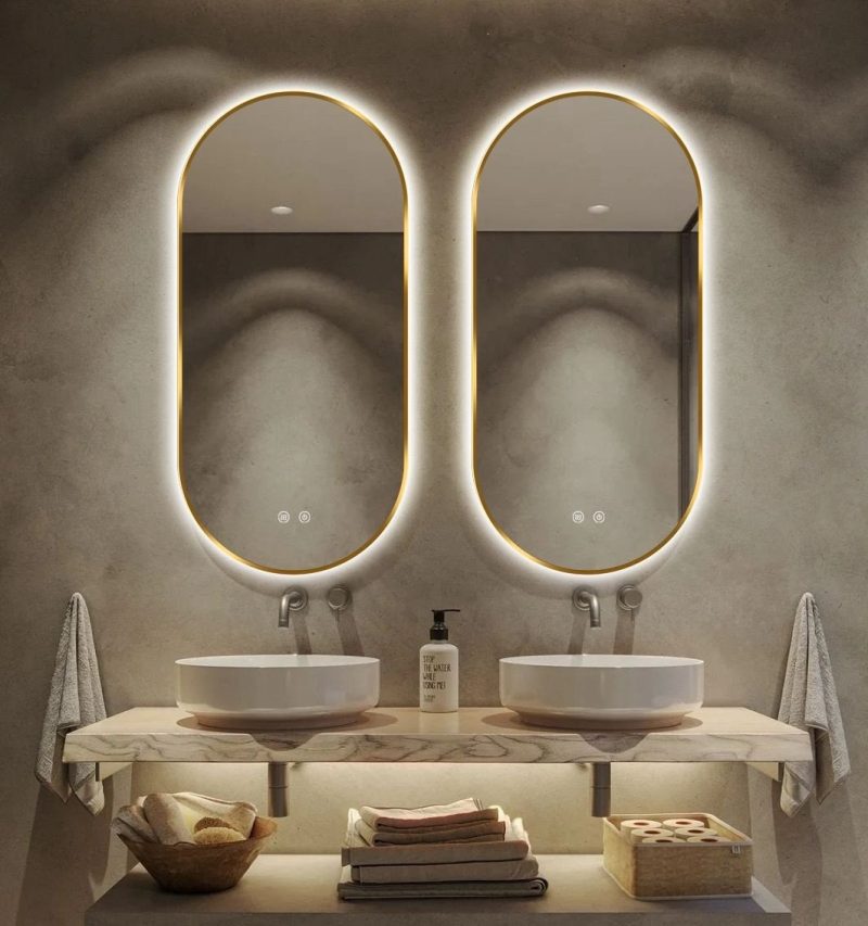 oglinda-led-touch-premium-dezabu (1) Oglindă Baie LED și Dezaburire Premium cu Senzor Touch, Lumina Rece, Caldă și Neutră,Elit's 50x80cm, cu rama Gold