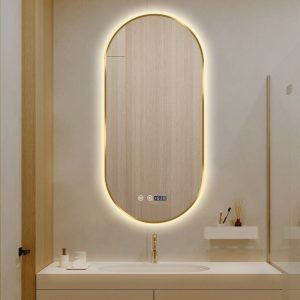 Oglindă LED Touch Premium, Dezaburire, Rama Auriu,Elit's 3 Tipuri Lumină 50x100 cm