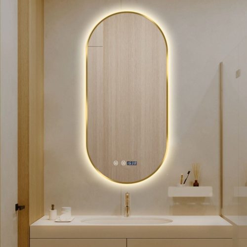 Oglindă LED Touch Premium, Dezaburire, Rama Auriu,Elit's 3 Tipuri Lumină 50x100 cm