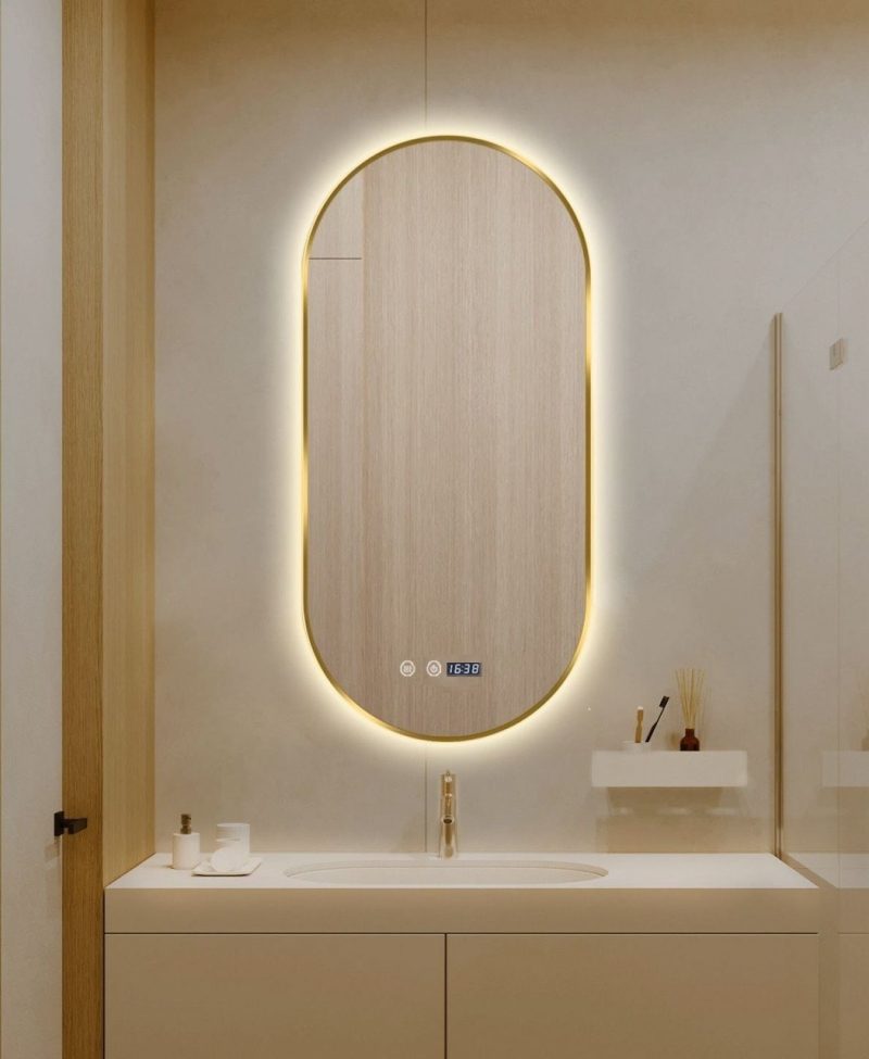 Oglindă LED Touch Premium, Dezaburire, Rama Auriu,Elit's 3 Tipuri Lumină 50x100 cm
