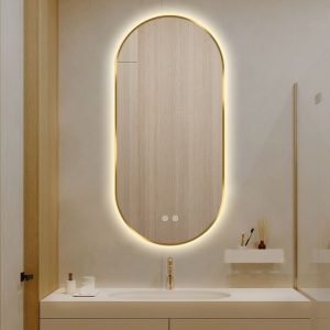 oglinda-led-touch-premium-dezabu Oglindă Baie LED și Dezaburire Premium cu Senzor Touch, Lumina Rece, Caldă și Neutră,Elit's 50x80cm, cu rama Gold
