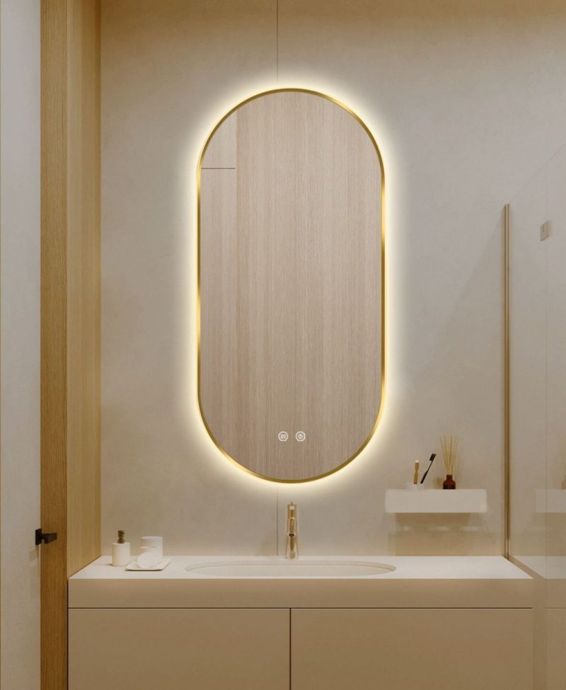 oglinda-led-touch-premium-dezabu Oglindă Baie LED și Dezaburire Premium cu Senzor Touch, Lumina Rece, Caldă și Neutră,Elit's 50x80cm, cu rama Gold