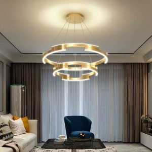 Lustra LED Suspendata Cu Telecomanda, 3 Tipuri De Lumina, Inaltime Reglabila, 85W, Auriu Elit's