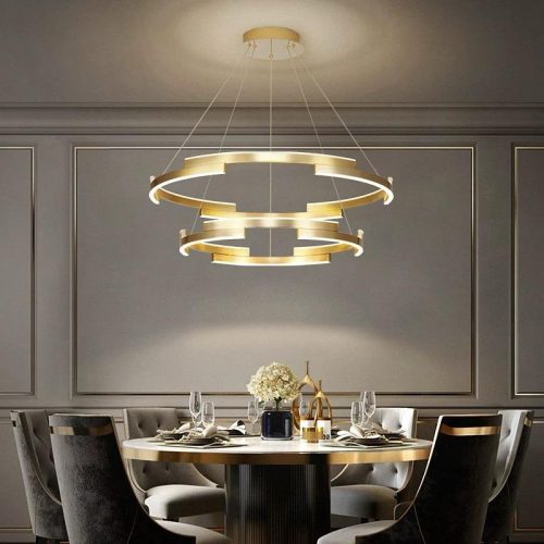 Lustra LED Suspendata Cu Telecomanda, 3 Tipuri De Lumina, Inaltime Reglabila, 85W, Auriu Elit's