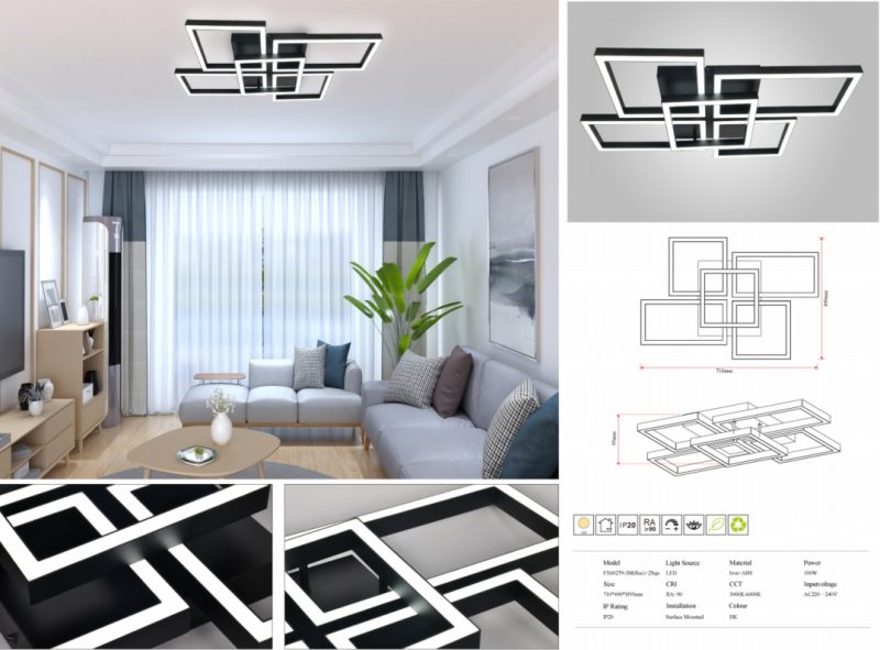 Lustra LED Cu Telecomanda,Elit's 3 Tipuri de Lumina, Intensitate Reglabila, 100W, Negru