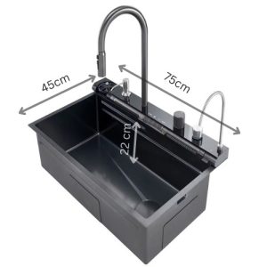 Chiuveta Bucatarie Multifunctionala cu LED, Inox, Gri Inchis – Negru, ESN Elit's 75×45 cm