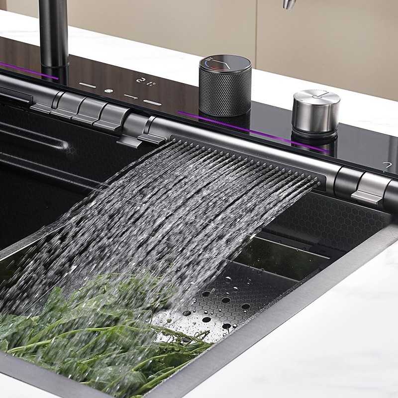 Chiuveta Bucatarie Multifunctionala cu LED, Inox, Gri Inchis – Negru, ESN Elit's 75×45 cm