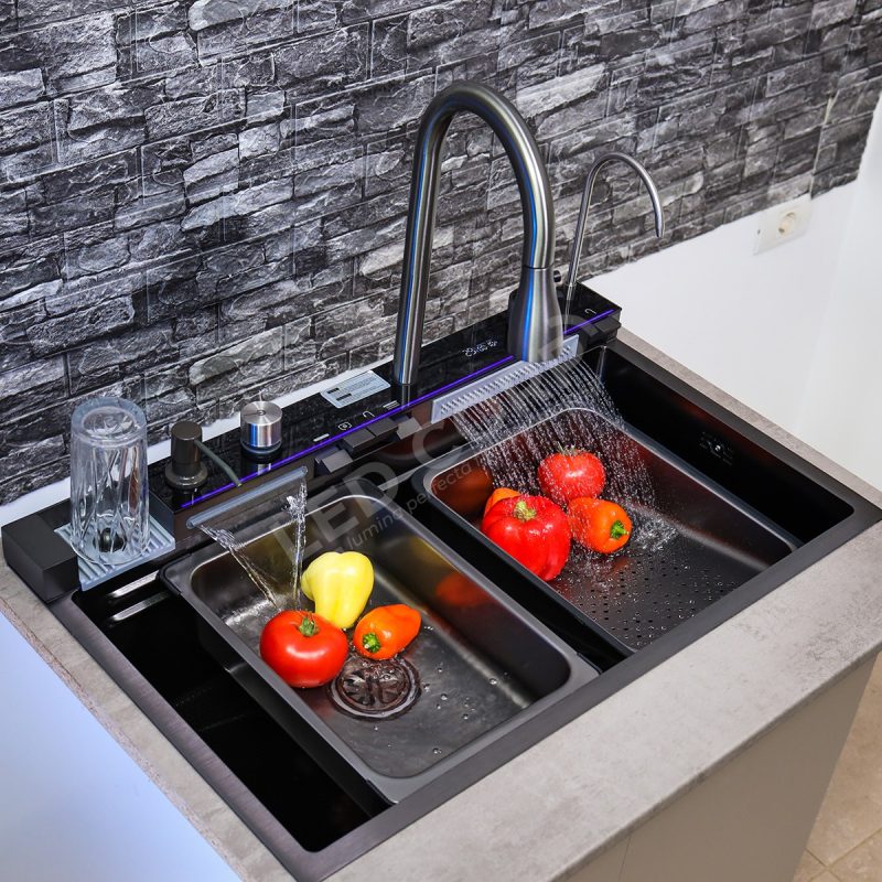 Chiuveta-Bucatarie-Multifunction (11) Chiuveta Bucatarie Multifunctionala cu LED, Inox, Gri Inchis–Negru, ESN 75×45 Elit's cm