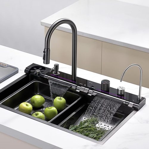 Chiuveta Bucatarie Multifunctionala cu LED, Inox, Gri Inchis – Negru, ESN Elit's 75×45 cm